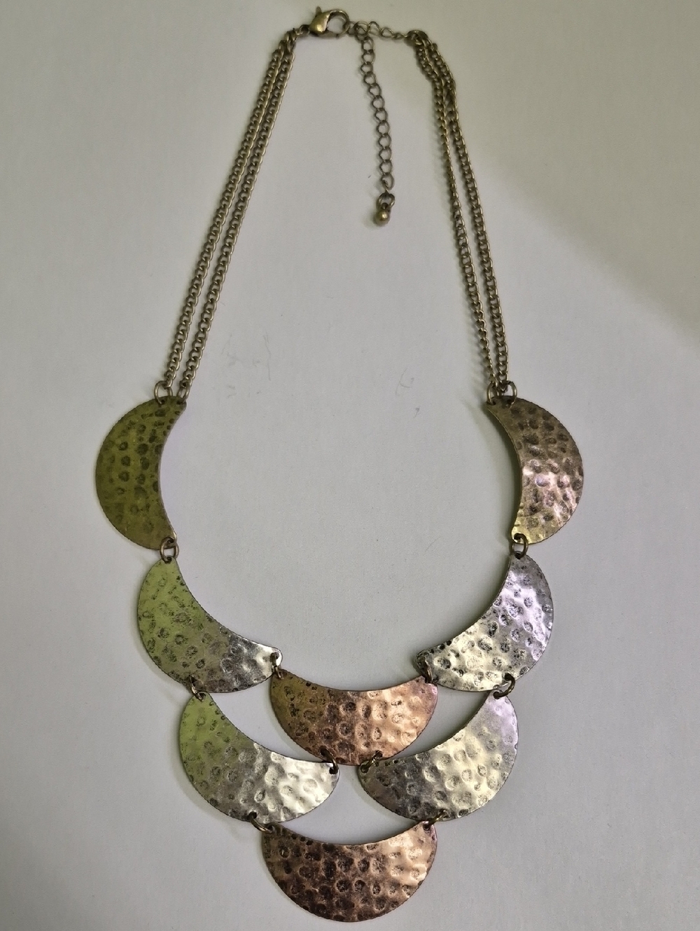 Hammered Metal Crescent Bib 17" Inch Necklace - Gold, Copper And Silver Tone
